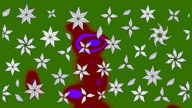 Çok yeşil zarif küçük çiçekler ve yeşil renkli komik böcekler, raster desen, illüstrasyon.