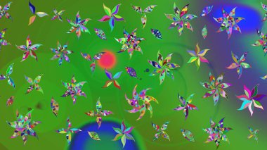 Raster illüstrasyonu. Çiçekli karalama şeklinde Raster çiçek deseni. Yumuşak, yaz çiçekleri yeşil renklerde.