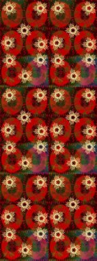 Yüzey için tekrarlanan doku, ambalaj kağıdı, kahverengi, kırmızı ve yeşil renkte kar tanesi. Kış kar taneleri, raster arka plan.