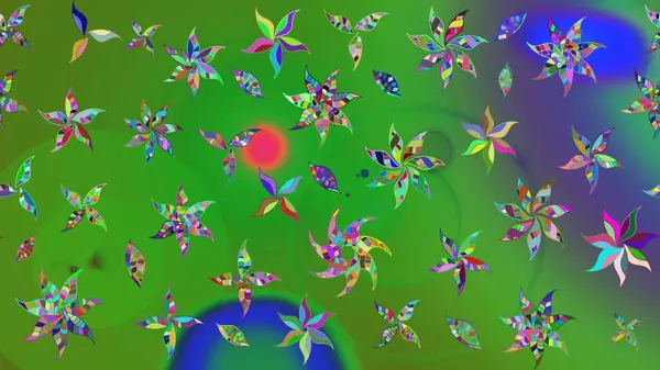 Raster illüstrasyonu. Çiçekli karalama şeklinde Raster çiçek deseni. Yumuşak, yaz çiçekleri yeşil renklerde.