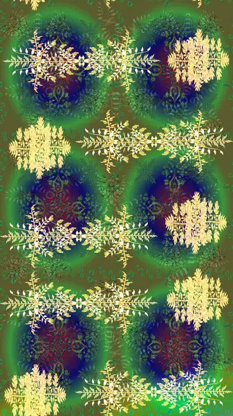 Raster illüstrasyonu. Bokeh yeşili, mavi, sarı ve kar taneleriyle dekoratif Noel arkaplanı.