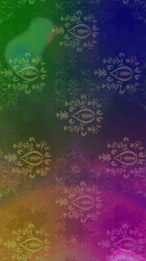 Renkli desenli eskiz deseni, yeşil çiçekler ve dekoratif elementlerle. Eskiz geçmişi. Raster illüstrasyonu. Eski usul. Kumaş, tekstil ve duvar kağıdı baskısı için..