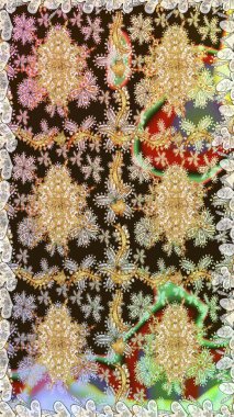 Kahverengi renkler ve altın elementler. Kusursuz altın desen. Çiçek desenli altın metal. Raster altın çiçek süsü brokar kumaş ve cam desenli..