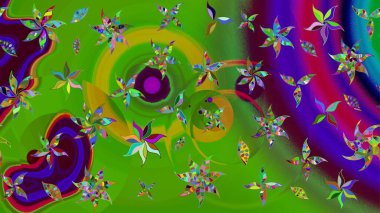 Raster illüstrasyonu. Şirin çiçekli eskiz deseni ve yeşil renkli yapraklar, suluboya çiçek deseni, duvar kağıdı, kart veya kumaş için fayanslı.