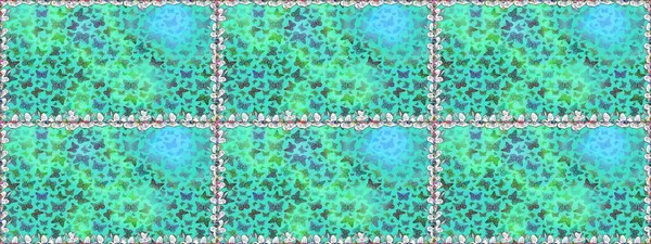 Kağıt, kumaş, ambalaj kağıdı ve duvar kâğıdı tasarımı için hoş bir arkaplan. Çocuk kelebeklerin pürüzsüz deseni. Raster. Mavi ve yeşil renkte sanat kelebekleri.