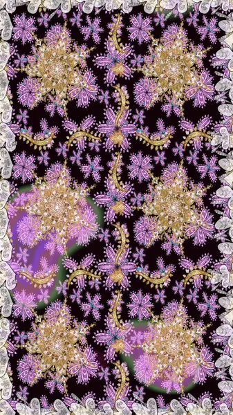 Barok tarzında altın çiçekli süs. Antika altın tekrarlanabilir duvar kağıdı. Damask pürüzsüz yineleme kalıbı. Siyah renklerdeki altın element.