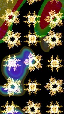 Kar taneli siyah, yeşil ve kahverengi renkler. Raster illüstrasyonu. Renkli arka planda izole tatlı kar taneleri.