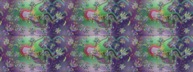 Patlayan çiçekler soyut olarak yerleştirilmiş. Raster deseni. Yumuşak, yeşil, mor ve nötr renklerde bahar çiçekleri. Raster illüstrasyonu.