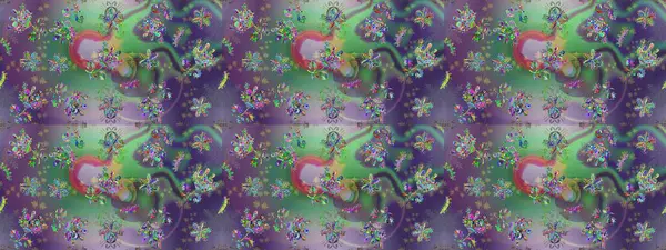 Patlayan çiçekler soyut olarak yerleştirilmiş. Raster deseni. Yumuşak, yeşil, mor ve nötr renklerde bahar çiçekleri. Raster illüstrasyonu.