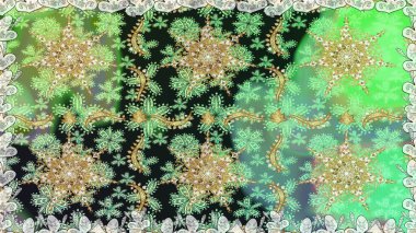 Dekoratif simetri arabesk. Doğum günü kartı, davetiye ya da afiş için iyidir. Kusursuz ortaçağ çiçek deseni. Yeşil renkte altın. Raster illüstrasyonu.