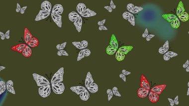 Raster illüstrasyonu. Çizim, karalama, karalama. Sonsuz. Giysi kumaşı için böcek dokusu parçası tekrarlanıyor. Bahar Kelebeği teması. Yeşil renkteki kelebek kumaşı harika bir taslak..