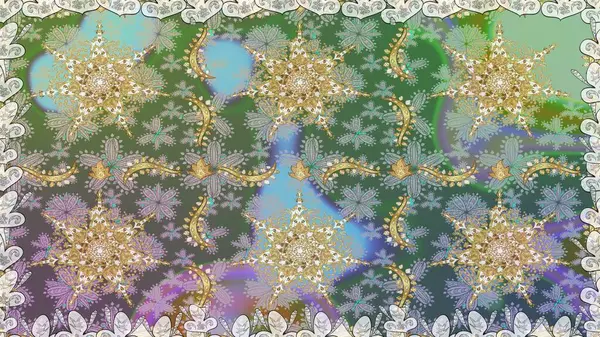 Tarafsız renkler üzerine geleneksel Arapça dekor. Çiçekli süslemeli, pürüzsüz bir desen. Doğu tarzında klasik tasarım öğesi. Duvar kâğıdı için altın süslü bir illüstrasyon. Süslü dantel iz sürücü.