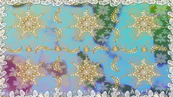 Paisleys zarif çiçek desenli dikdörtgen arka plan duvar kâğıdı illüstrasyonuyla klasik stil güzel modern 3D çizgi sanat altın ve mavi desenli çiçek yaprakları ve süslemeleri..