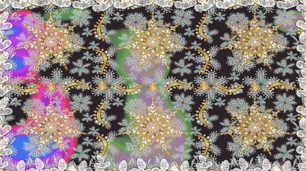 Gri renklerde altın ve altın elementler. Kusursuz damaske klasik altın desen. Raster illüstrasyonu. Tekrarlayan ögelerle soyut arkaplan Raster.