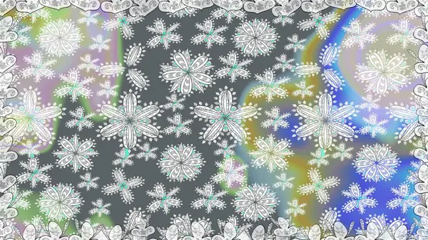 Düz Çiçek Elementleri Tasarımı. Renkli Bahar Temalı Kusursuz Arkaplan. Gri renkli çiçekler. Raster illüstrasyonunda kusursuz çiçek deseni.