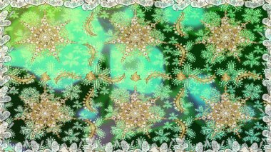 Şam, tasarım için kusursuz desen. Yeşil renklerde, altın elementli, pürüzsüz desen.
