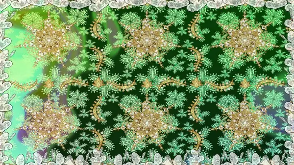Altın elementli yeşil renkli altın desen. Süslü dekorasyon. Raster klasik barok çiçeksiz altın desenli. Lüks, kraliyet ve Viktorya dönemi konsepti.