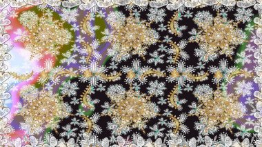 Klasik oryantal desen gri renklerden üstündür. Geleneksel raster ve altın desen. Damask pürüzsüz süsü.