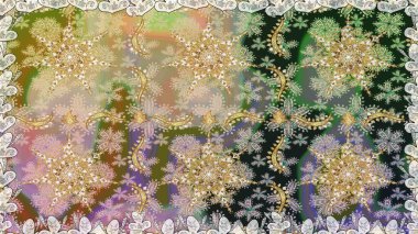 İslam tasarımı. Raster altın tekstil baskısı. Çiçek kiremitleri. Kusursuz desenli oryantal süs. Altın elementlerle nötr renklerde altın desen.