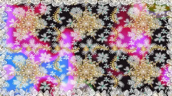 İslam tasarımı. Raster altın tekstil baskısı. Çiçek kiremitleri. Kusursuz desenli oryantal süs. Altın elementlerle gri renklerde altın desen.