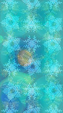 Raster illüstrasyonu. Mavi, yeşil ve nötr kar taneleri. Noel ve yeni yıl moda baskıları için tatil tasarımı. Kar tanelerinin soyut arkaplanlı Noel deseni.