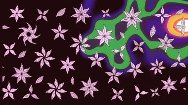 Raster - stok. Eskiz arkaplan modeli. Yapraklı çiçekler ve kahverengi renkli papatya çiçekleri..