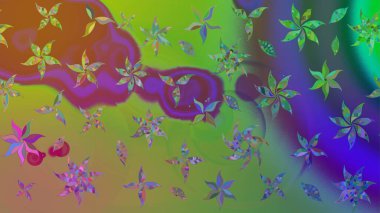 Raster illüstrasyonu. Asya tekstil tarzında. Raster illüstrasyonu. Çiçek desenli çizim. Yeşil renkte çiçekler.