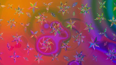 Mor renkte çok renkli zarif küçük çiçekler ve komik böcekler, raster deseni, illüstrasyon.