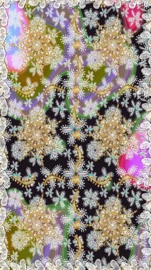 Doğum günü kartı, davetiye ya da afiş için iyidir. Raster illüstrasyonu. Dekoratif simetri arabesk. Gri renklerde altın. Kusursuz ortaçağ çiçek desenleri..