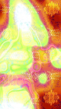 Bir sürü sarı, turuncu ve yeşil soyut çiçekli tropik eskiz deseni. Varicoloyellow, turuncu ve yeşil raster çizimi. Küçük çiçekte sevimli çiçek deseni var..