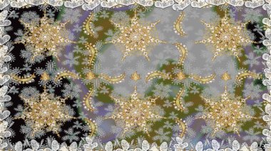 Damask arkaplanı. Altın çiçekli, pürüzsüz desen. Gri renklerdeki altın element. Barok tarzında altın çiçekli süs..