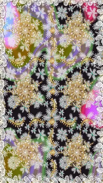 Doğum günü kartı, davetiye ya da afiş için iyidir. Raster illüstrasyonu. Dekoratif simetri arabesk. Gri renklerde altın. Kusursuz ortaçağ çiçek desenleri..