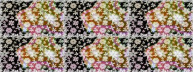 Çiçeksiz desenli, suluboya elle çizilmiş elementler. Parlak renkli fantezi çiçekleri, yapraklar, tarafsız renklerde tomurcuklar.