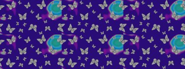 Mavi arka planda renkli bir kelebek. Kelebeklerle dolu renkli bir halk eskizi çizimi. Davetiye, kart, yazdırma için basit şirin desen.