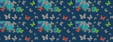 Kelebeklerle dolu renkli bir halk eskizi çizimi. Mavi arka planda renkli bir kelebek. Davetiye, kart, yazdırma için basit şirin desen.