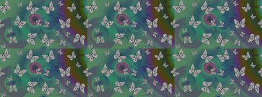 Raster illüstrasyonu. Erkekler, kızlar, elbiseler, duvar kağıtları için soyut çizim kalıbı. Fantezi sevimli illüstrasyon. Yeşil arka plandaki suluboya kelebeklerin.