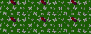 Giysiler için böcek kumaşı klipsleri tekrarlanıyor. Davetiye, kart ve parmak izi için basit kadınsı bir model. Uçan kelebek keten temalı Raster çizimi. Karşıtlık olarak, yeşil üzerinde kelebek bezi şablonu.