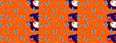 Raster illüstrasyonu. Tekrarlanan kelebekler. Sonsuz. Çizim, karalama, karalama. Elle çizilmiş sevimli kız çizimi deseni.