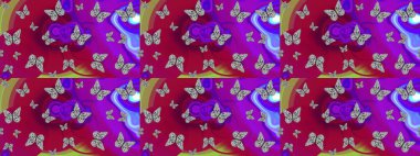 Giysi tasarımı için dekor arka planı. Parmak izi dokuları için sevimli kelebek çizimi deseni. Raster illüstrasyonu. Mor kelebek deseni.