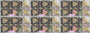 Klasik raster sarısı, kusursuz desen. Çiçek süsü kumaş deseni, cam, çiçek desenli altın elementli gri renkli metal..