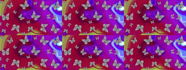 Giysi tasarımı için dekor arka planı. Parmak izi dokuları için sevimli kelebek çizimi deseni. Raster illüstrasyonu. Mor kelebek deseni.