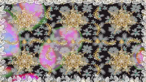 Doğu tarzında klasik tasarım öğesi. Duvar kâğıdı için altın süslü bir illüstrasyon. Gri renkli geleneksel Arapça dekor. Çiçekli süslemeli, pürüzsüz bir desen. Süslü dantel iz sürücü.