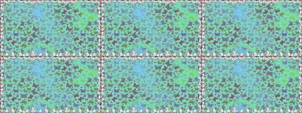 Giysi tasarımı için mavi arka planda dekor. Raster illüstrasyonu. Renkli kelebeklerin kusursuz arka planı.