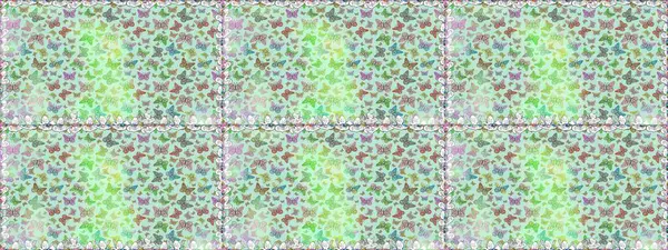 Nakış, egzotik kelebeklerle süslenmiş çiçeksiz desenler. Giysi tasarımı için doğal ve yeşil arka planda geleneksel halk çiçekleri dekoru. Kart ve yazdırma için basit sevimli desen.