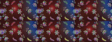 Çiçek buketleriyle klasik tarzda kusursuz desenler. Raster illüstrasyonu. Kahverengi, mor ve mavi renklerde.