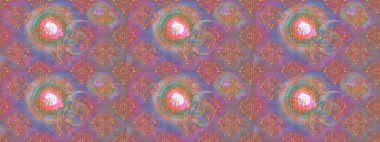 Renkli şal desenli, nötr, pembe ve menekşe çiçekli ve dekoratif elementli kusursuz desen. Kusursuz bir geçmişi var. Raster tasarımı. Kumaş, tekstil, duvar kağıdı baskısı için. Antika retro tarzı.