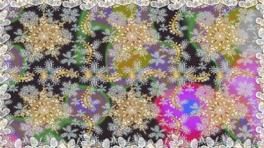 Hassas altın deseni açın. Parlak dantel, stilize çiçekler, şal desenli. Raster. Gri renklerde, altın elementlerle kusursuz desen. Doğu tarzı arabesk. Kusursuz altın dokular bukleler.