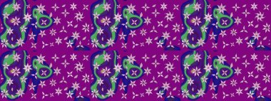 Parlak renkli çiçekleri ve mor renkli yaprakları olan harika bir çiçek deseni. Modern çiçek arkaplanı. Halk tarzı. Moda baskıları için zarif bir şablon.