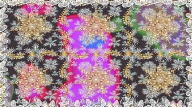 Altın karalama fantezi yapraklarından ve gri renkli çiçeklerden Raster soyut çiçek çelengi. El yapımı dekoratif çerçeve, albüm kapağı, tebrik kartı, klasik Art deco tarzı.