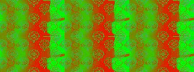 Çok yeşil, turuncu ve kırmızı zarif küçük çiçekler ve yeşil, turuncu ve kırmızı renkte komik böcekler, raster desen, illüstrasyon.